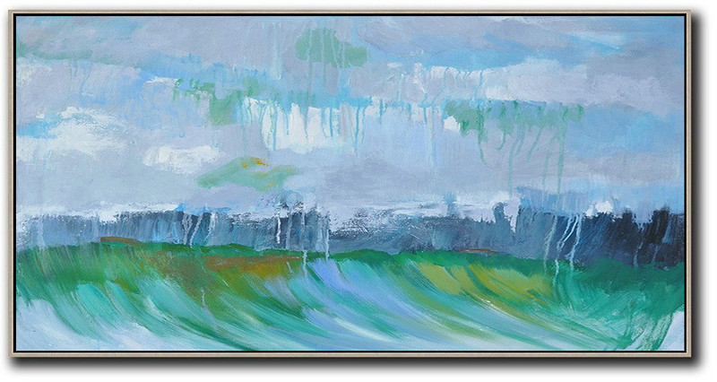 Handmade Large Contemporary Art,Panoramic Abstract Landscape Painting,Hand Paint Abstract Painting Grey,Dark Blue,Green